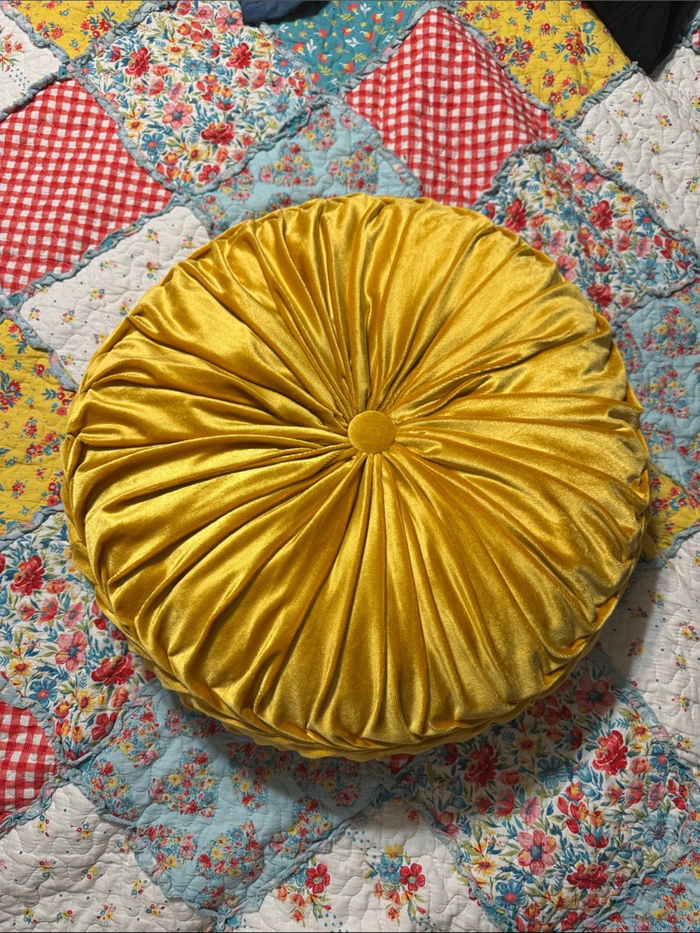 Home accents round velvet pillow in golden yellow